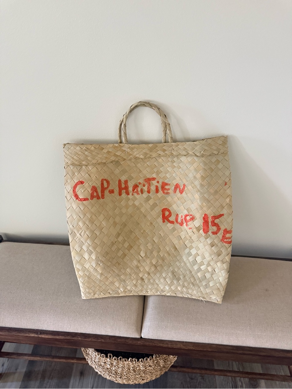 Handwoven Natural Straw Tote with Mint and Coral Accents - Picture 3 of 4